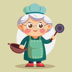 Grandma cooking. Cartoon of an old granny holding a pan.
