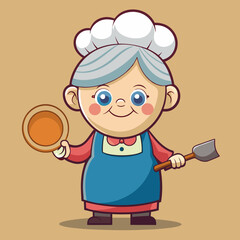 Grandma cooking. Cartoon of an old granny holding a pan.