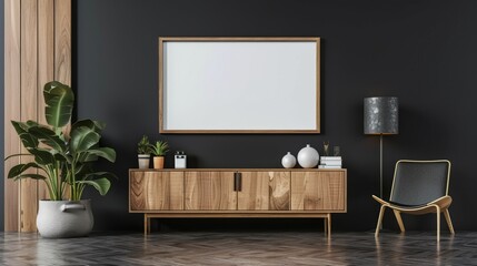 Mockup frame on cabinet in living room on empty dark wall background.