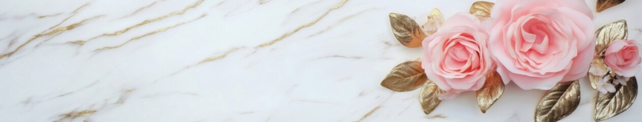 Fototapeta premium Elegant Romance: A Pink Rose with Golden Leaves on a Marble Background, Exuding a Luxurious and Artistic Ambiance of Sophistication and Delicacy