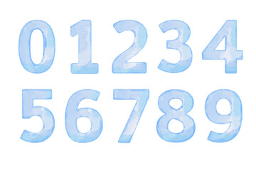 Watercolor blue numbers set 0-9, design for cards