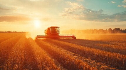 Obraz premium Harvesting Wheat at Sunset
