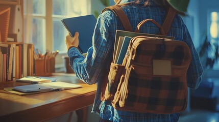 A student holding a tablet and books, preparing to study at a desk with a warm, cozy atmosphere and bright sunlight streaming in.