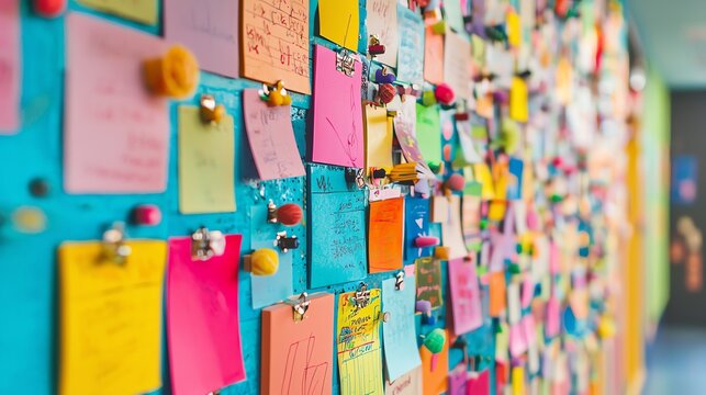 A vibrant wall covered in colorful sticky notes, showcasing creativity and organization in a workspace or creative environment.