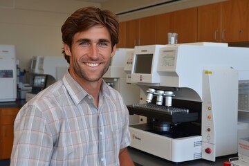 Fototapeta premium Smiling Scientist Working With Laboratory Equipment in Modern Research Facility