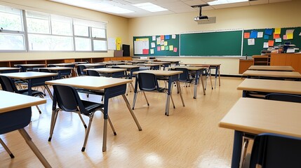 Spacious classroom featuring empty desks, a chalkboard, and natural light, ideal for educational and teaching concepts.