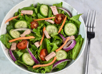 garden salad top with sliced spam, onions and tomatoes