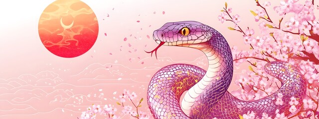 Obraz premium A pink snake is wrapped around cherry blossoms