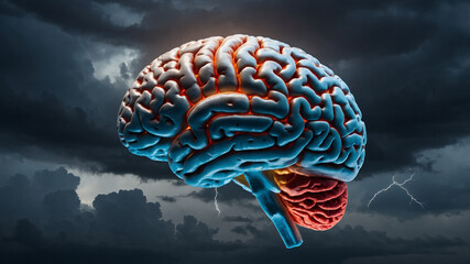 Human brain in a stormy landscape with lightning and dark clouds, symbolizing power and creativity.