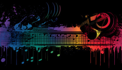 Obraz premium Music background with iconic music symbols. on a vibrant rainbow gradient backdrop. colorful paint splash design