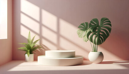 Fototapeta premium 3D Render Pastel Pink Podiums With Soft Shadows And A White Vase With Tropical Leaves Casting A Shadow. Cosmetic Or Beauty Product Promotion, Abstract Minimal Advertise. Copy Space Mockup.