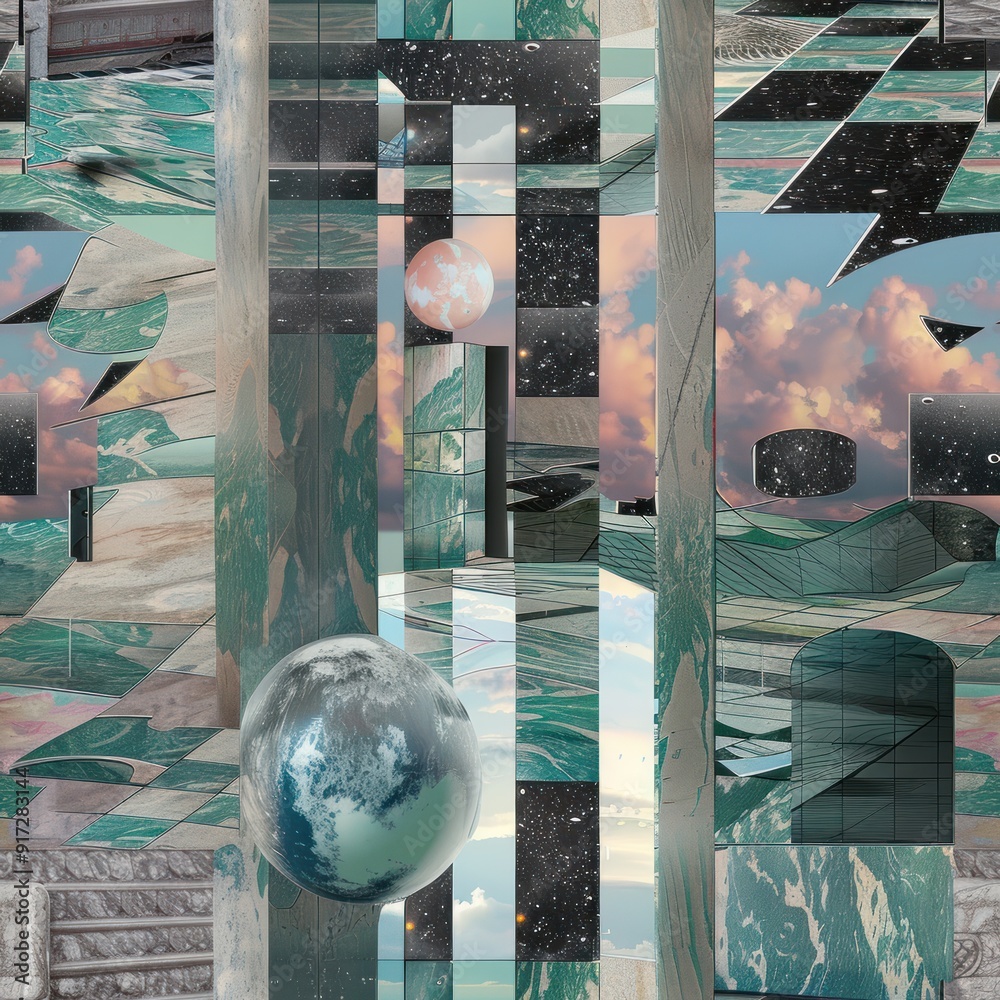 Canvas Prints abstract collage of geometric shapes and planets.