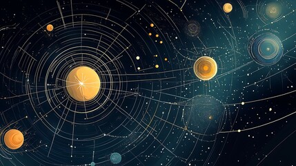 Abstract Cosmic Illustration with Stars, Planets, and Lines