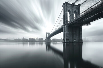 Black and white scene of Brooklyn Bridge in New York city with dynamic dimension sky. Generative AI.