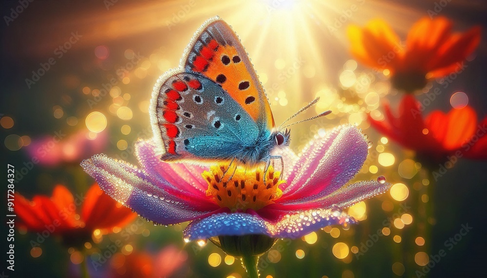 Wall mural A colorful butterfly rests on a dewy flower, bathed in warm sunlight.