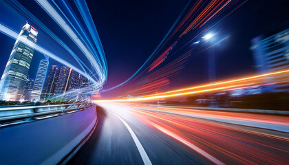 A futuristic, fast-moving tail of blurred light at night in a city. utilizing generative artificial intelligence © Lilimanatasa