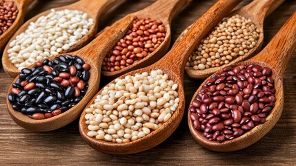 Fototapeta premium A colorful assortment of various seeds displayed in wooden spoons, perfect for healthy cooking and nutrition themes.