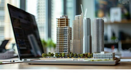 A model building on a table next to a laptop represents urban real estate investment and large-scale building development.