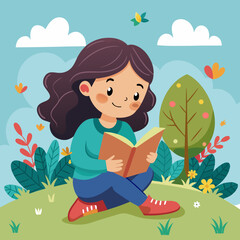 Reading a book. Cute girl reading a book on the ground. Young girl reading in the park. Girl reading a book