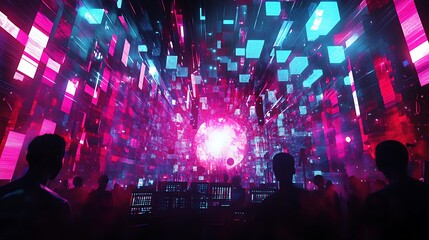 Silhouettes of People in a Neon-Lit Room with a Digital Wall