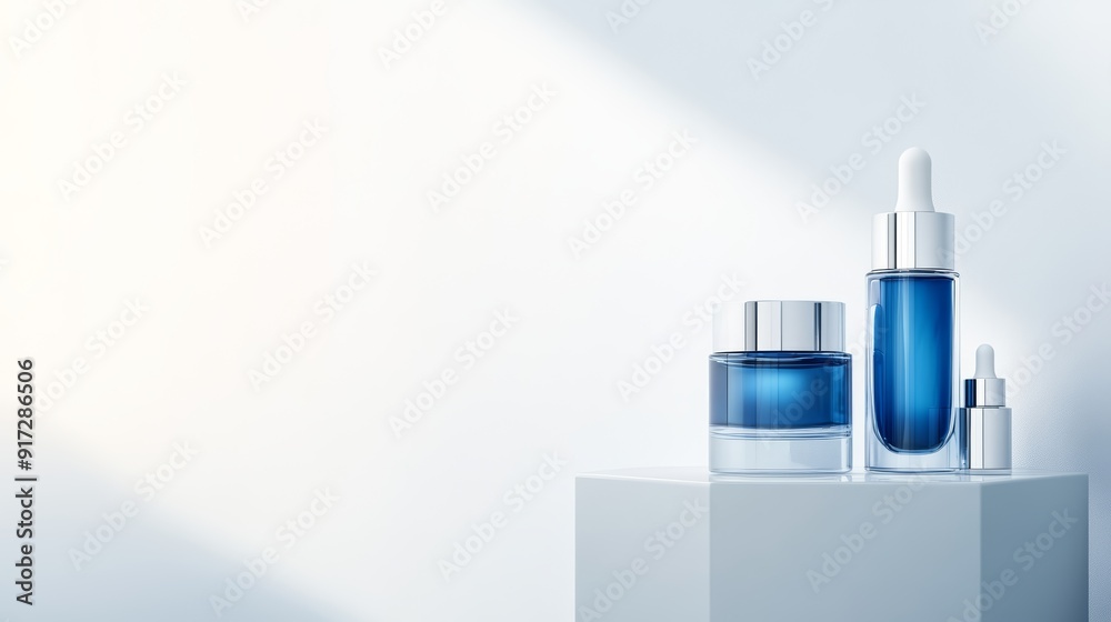 Wall mural Futuristic cosmetics display on glass pedestals, intricate lab equipment with blue liquid, clean white background, copy space for text, high-resolution photo, realistic photo