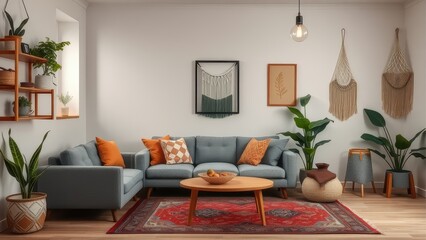 Interior design, cozy living room, modern furniture, gray sofa, wooden shelves, hanging plants, wall art, macrame wall decor, warm color accents, patterned rug, pendant lamp, hygge style