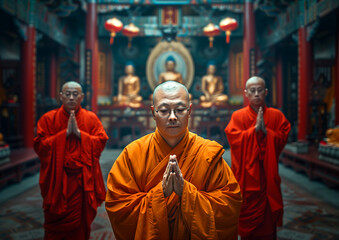 Naklejka premium Three monks in traditional robes meditating in a serene temple adorned with candles and a large Buddha statue at dusk. Generative AI.