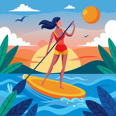 Woman doing Stand Up Paddling on Paddle Board on Water at Seaside