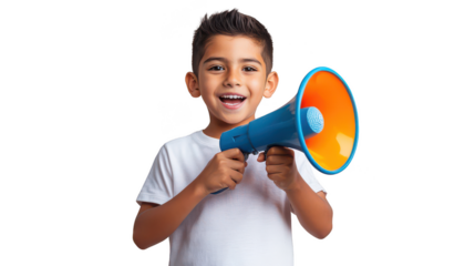 Young Hispanic boy, 12, sportswear, short hair - Cheerfully using the megaphone