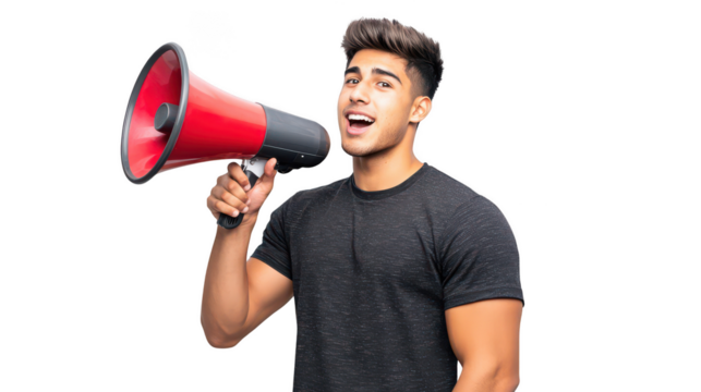Young Hispanic man, 25, casual t-shirt, short hair - Energetically using the megaphone
