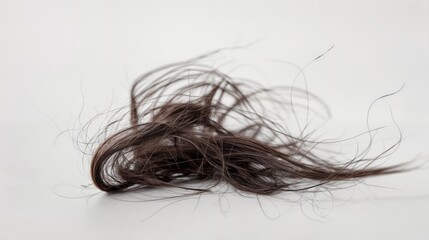 Fototapeta premium Fallen female hair on a white background. Alopecia, hair loss. Strand of female hair. AI generated.