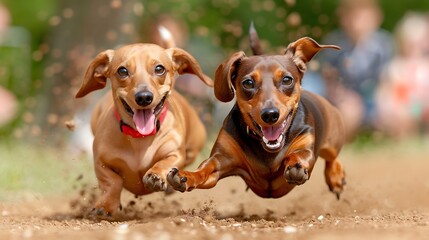 Side View of Dachshunds Racing on a Dirt Track