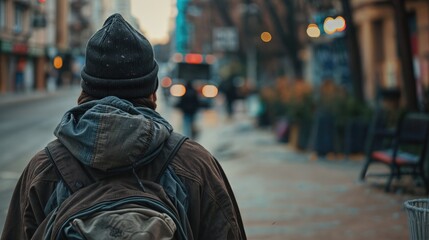 Homeless man in warm clothes and with a backpack walks along the streets, rear view. Close-up. AI generated.