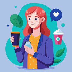 Teenager holding a phone and a cup of coffee. Girl speaking by a phone and drinking a coffee