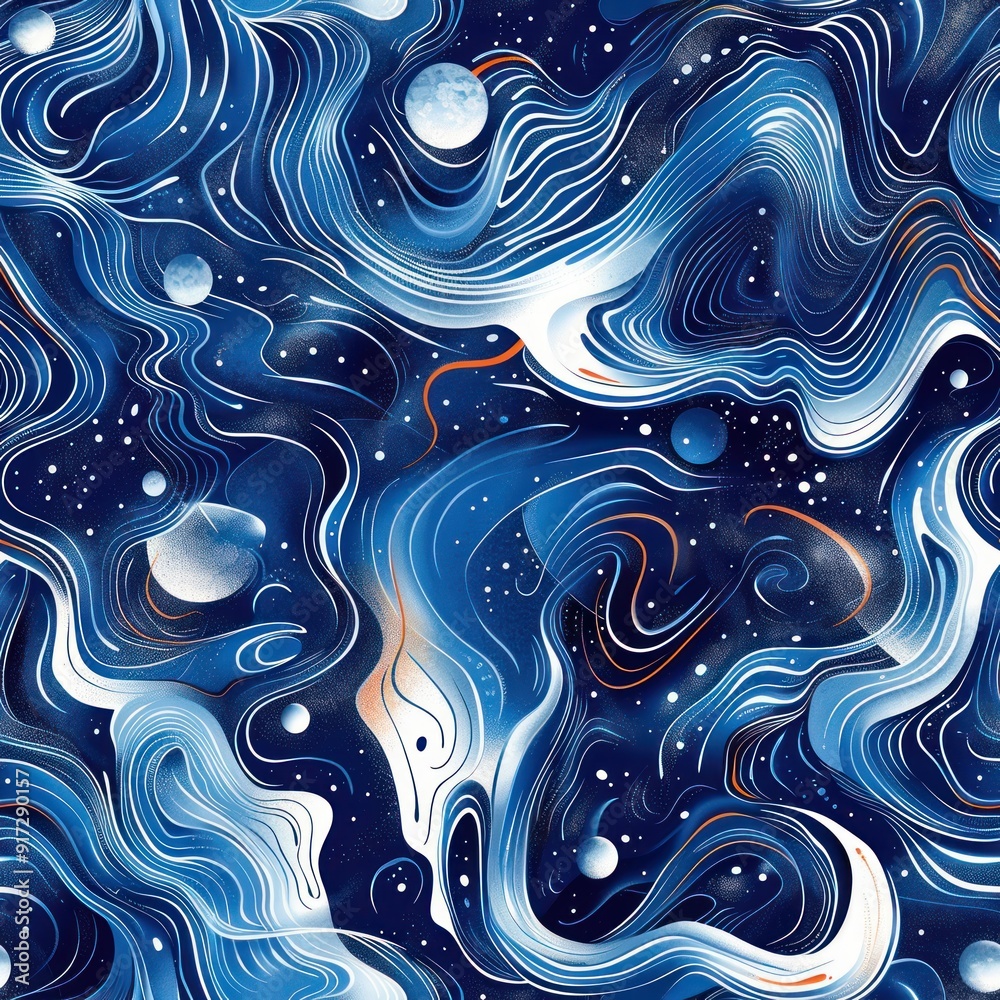 Canvas Prints abstract swirling blue and white pattern with stars and planets.