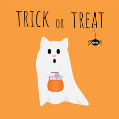 Trick or treat illustration on orange background cute ghost cat with pumpkin candy Halloween