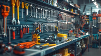 A blue wall with a variety of tools hanging on it