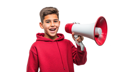 Young Hispanic boy, 14, sportswear, short hair - Energetically using the megaphone
