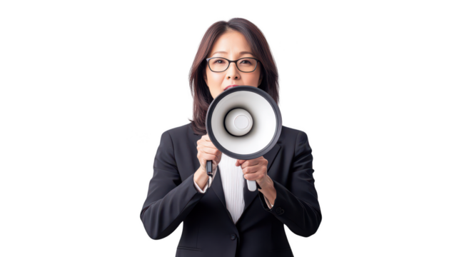 Middle-aged Asian woman, 50, business attire, glasses - Formally using the megaphone