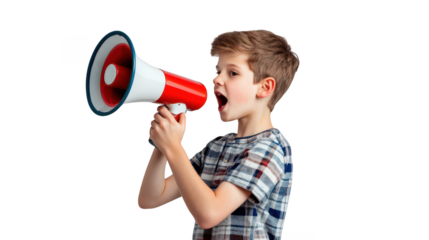 Caucasian boy, 13, casual clothes, short hair - Energetically using the megaphone