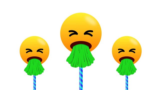 three swinging emoji in vomiting expression isolated on white background. 