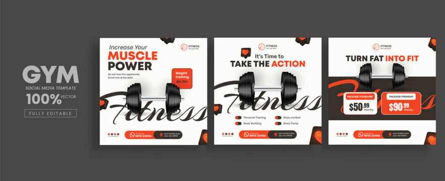 Fitness gym social media post template design with gym equipment. Flyer or poster for fitness club offer promotion.