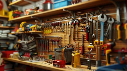 A cluttered workbench with many tools and a yellow bucket