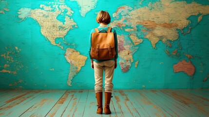 Obraz premium A traveler stands before a colorful world map, symbolizing adventure and exploration into new cultures and destinations.