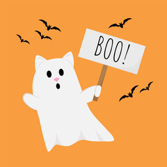cute ghost cat with boo sign on orange background. vector illustration in halloween concept in flat style

