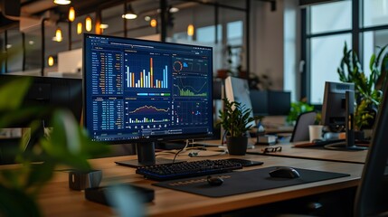 Fototapeta premium A contemporary office with sleek furniture, a large screen showing business metrics, and an organized desk setup.