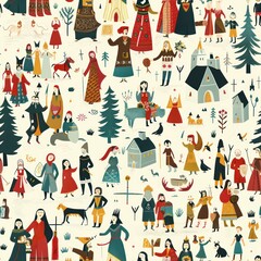 Fototapeta premium Folk Art Pattern With People In Traditional Clothing.