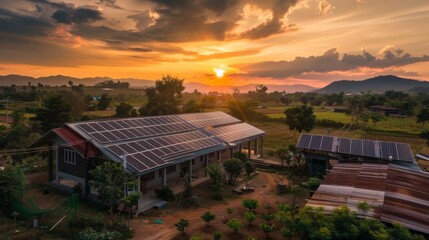 Obraz premium Photo of solar panels solar power on roof of house solar energy solar cell system greenhouse industry eco solar panels future building electrical 