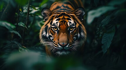 A powerful tiger prowling through the dense underbrush of a jungle, with intense focus in its eyes