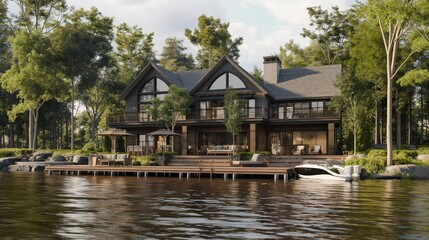 A beautiful house on the water with an oversized dock and a boat at its edge, surrounded by trees The deck features various seating areas for relaxing or socializing during summer nights 